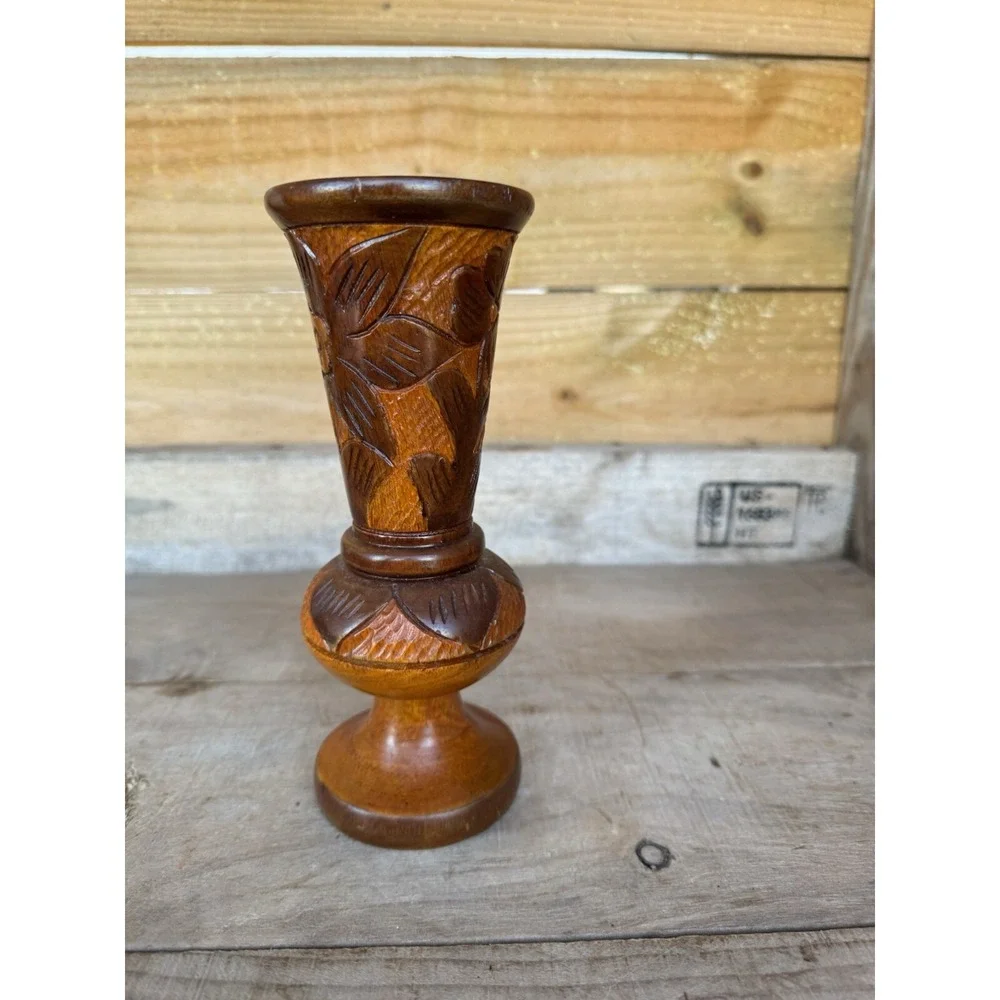 Vintage Hand Carved Wood  Bud Vase Folk Art‎ Decor Flower Design